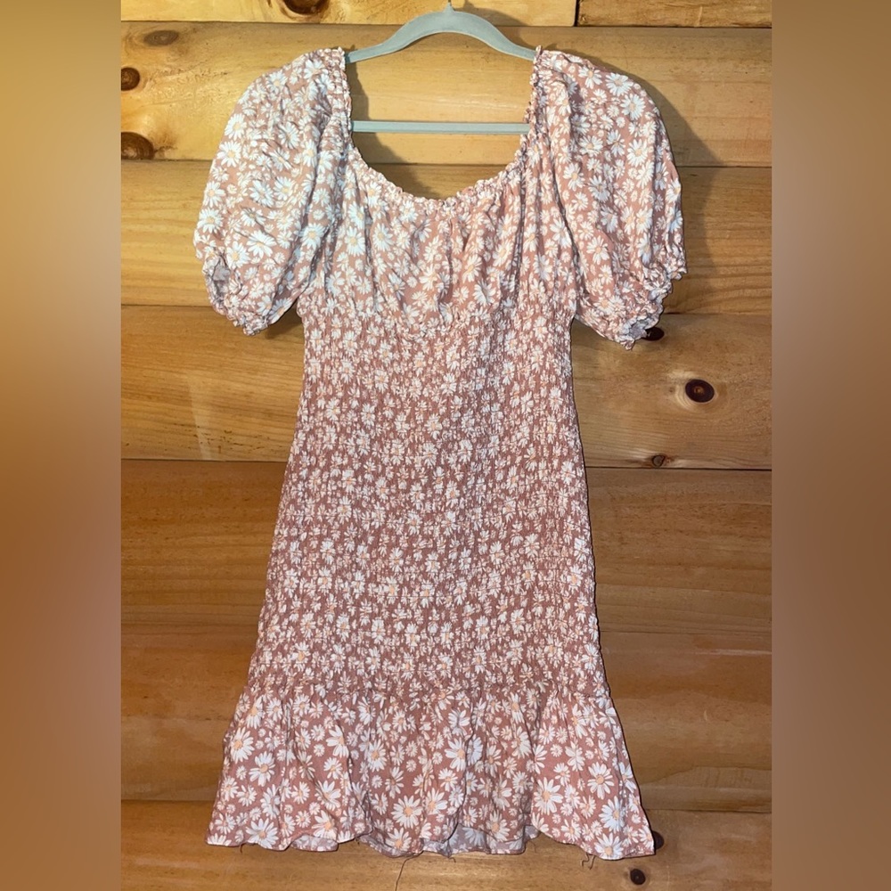 Pink, white, and pastel orange sunflower print dress